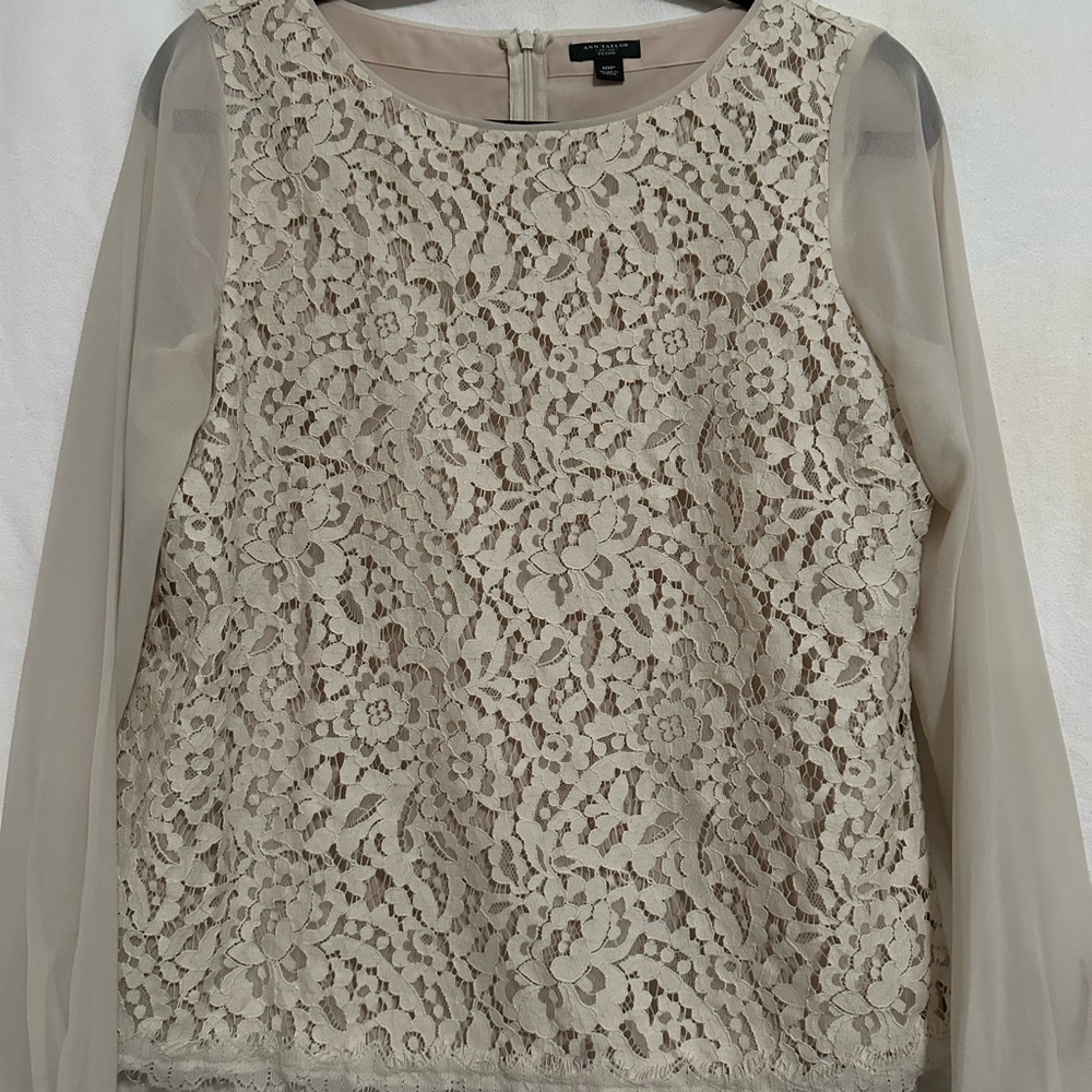 Ann Taylor Cream Lace Blouse with Sheer Sleeves